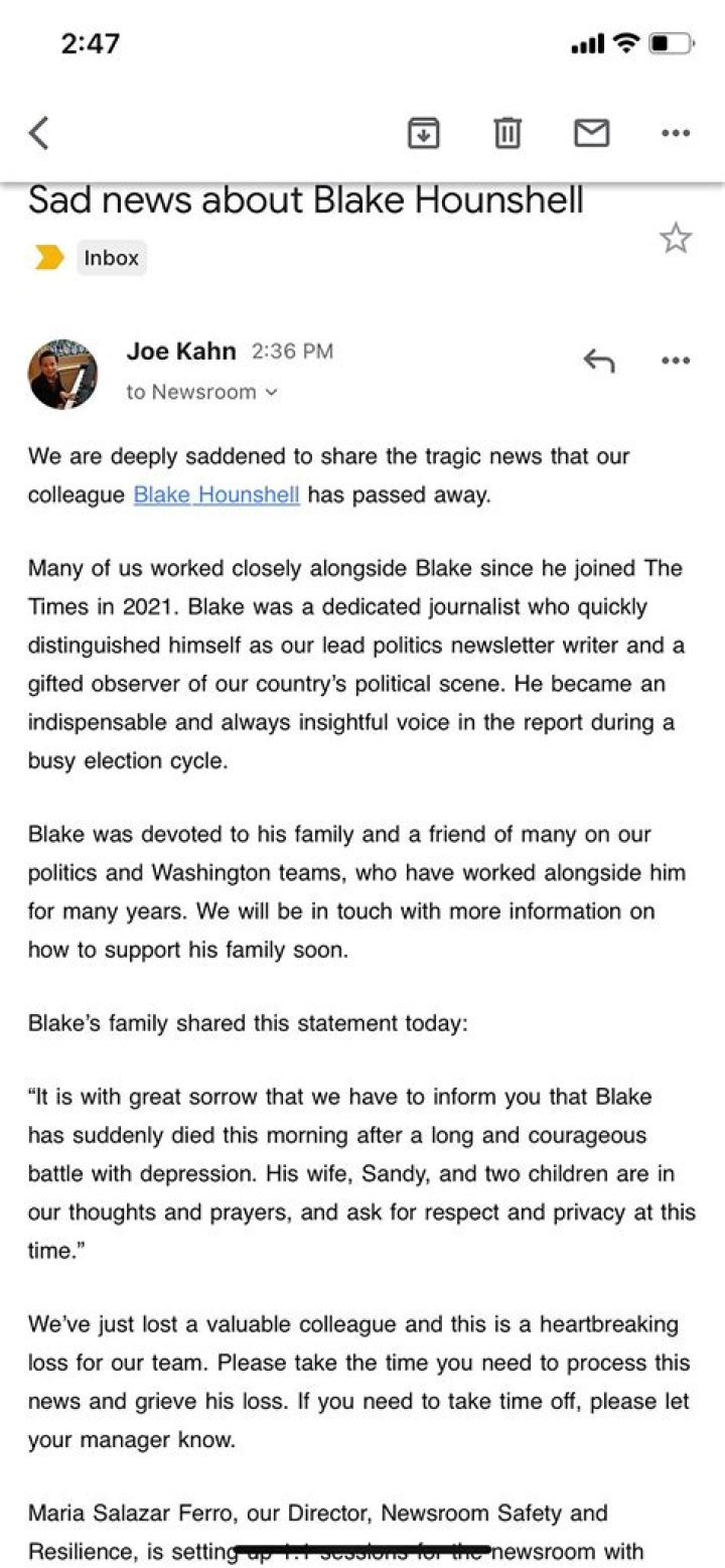 Blake Hounshell cause of death, age, wife, children, New York Times