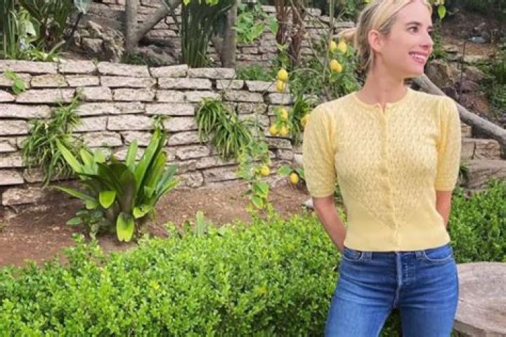 Emma Roberts Fashionably Self Isolates In Happy Yellow Musier Paris Cardigan
