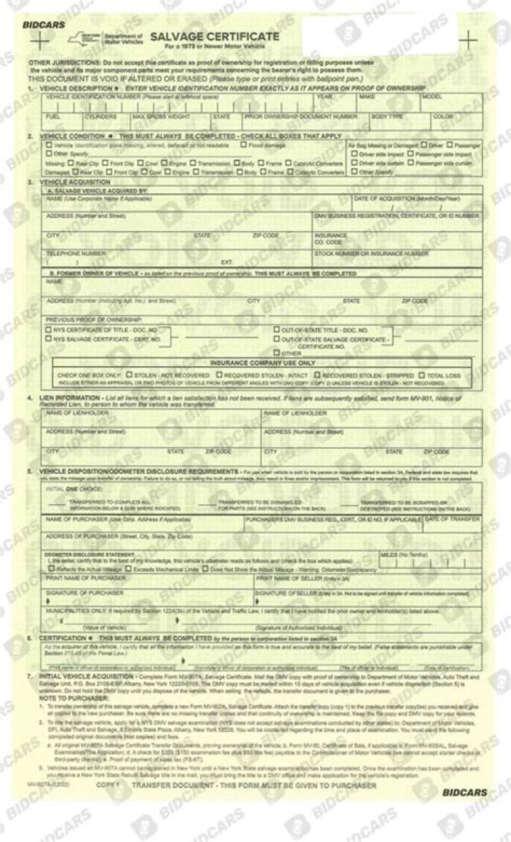 What does ny mv 907a salvage certificate mean